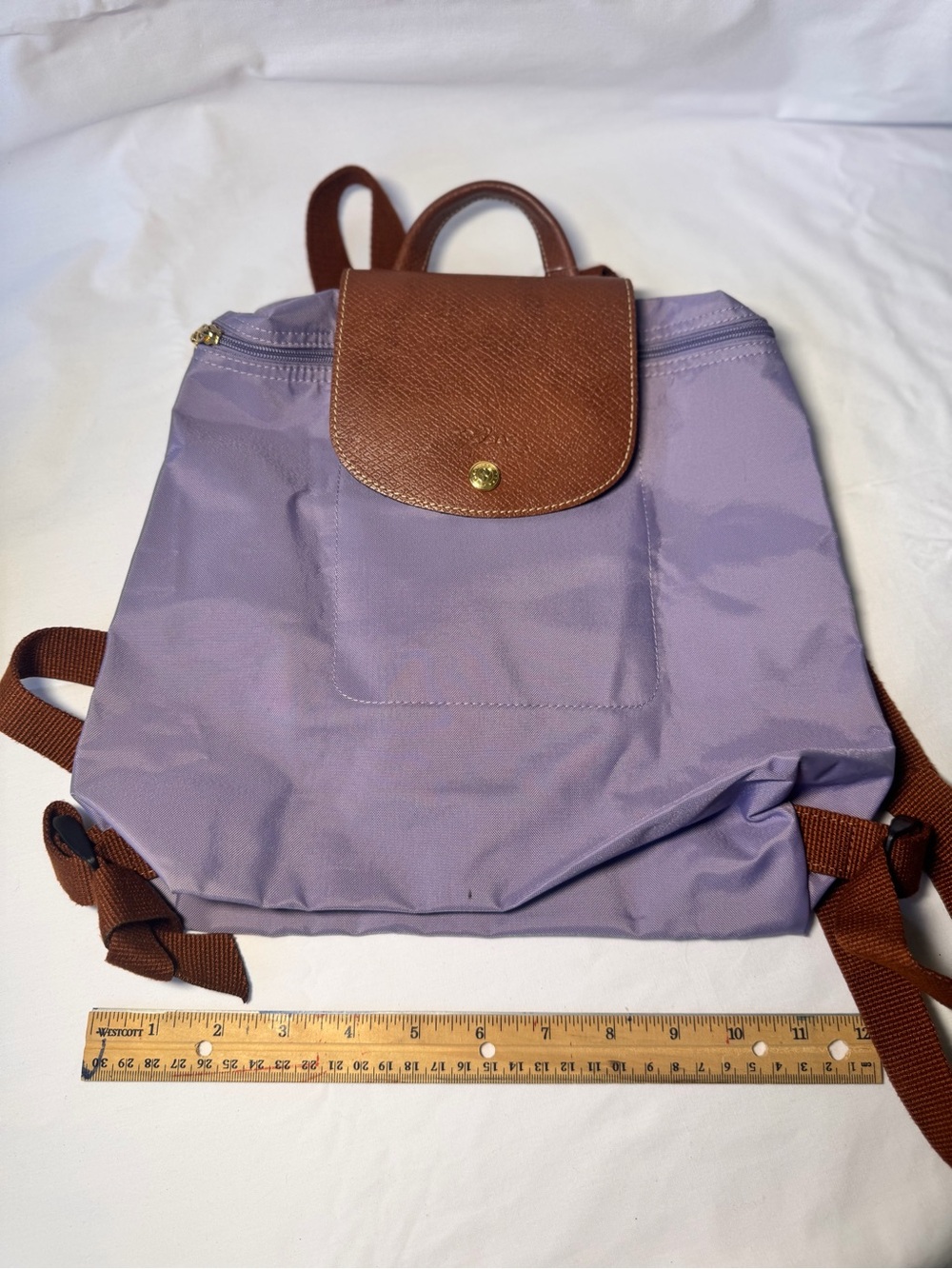 Longchamp Lavender Nylon Backpack with Brown Trim